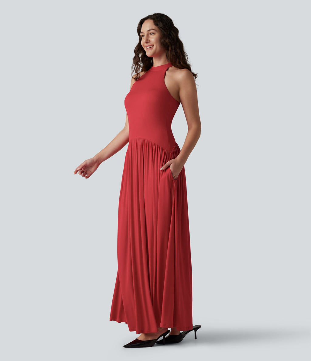 Robe longue côtelée à dos nageur, brassière intégrée et poches