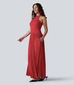 Robe longue côtelée à dos nageur, brassière intégrée et poches