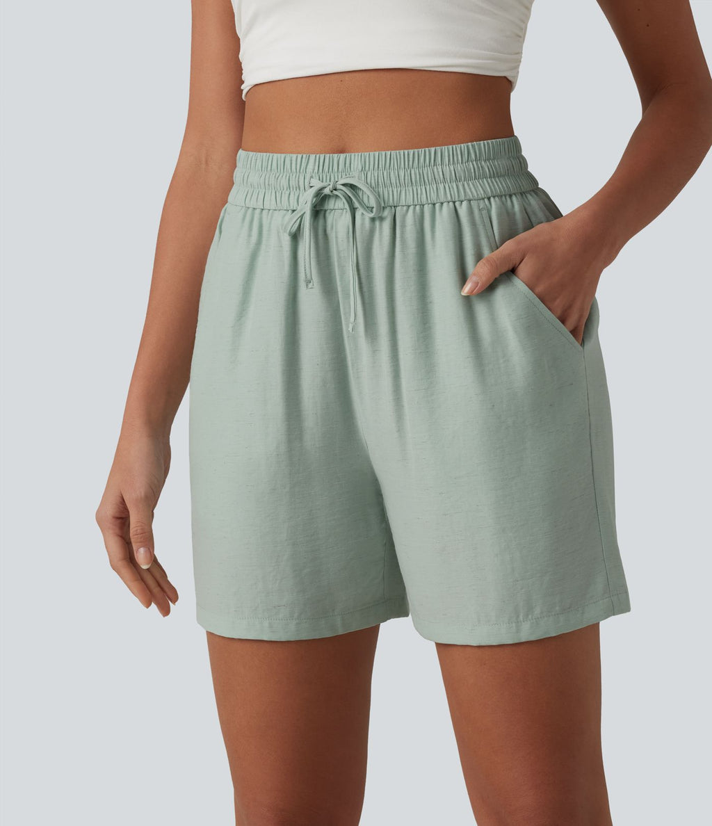 Short décontracté ample en lin mélangé taille haute avec cordon de serrage, 12,5 cm, et poches