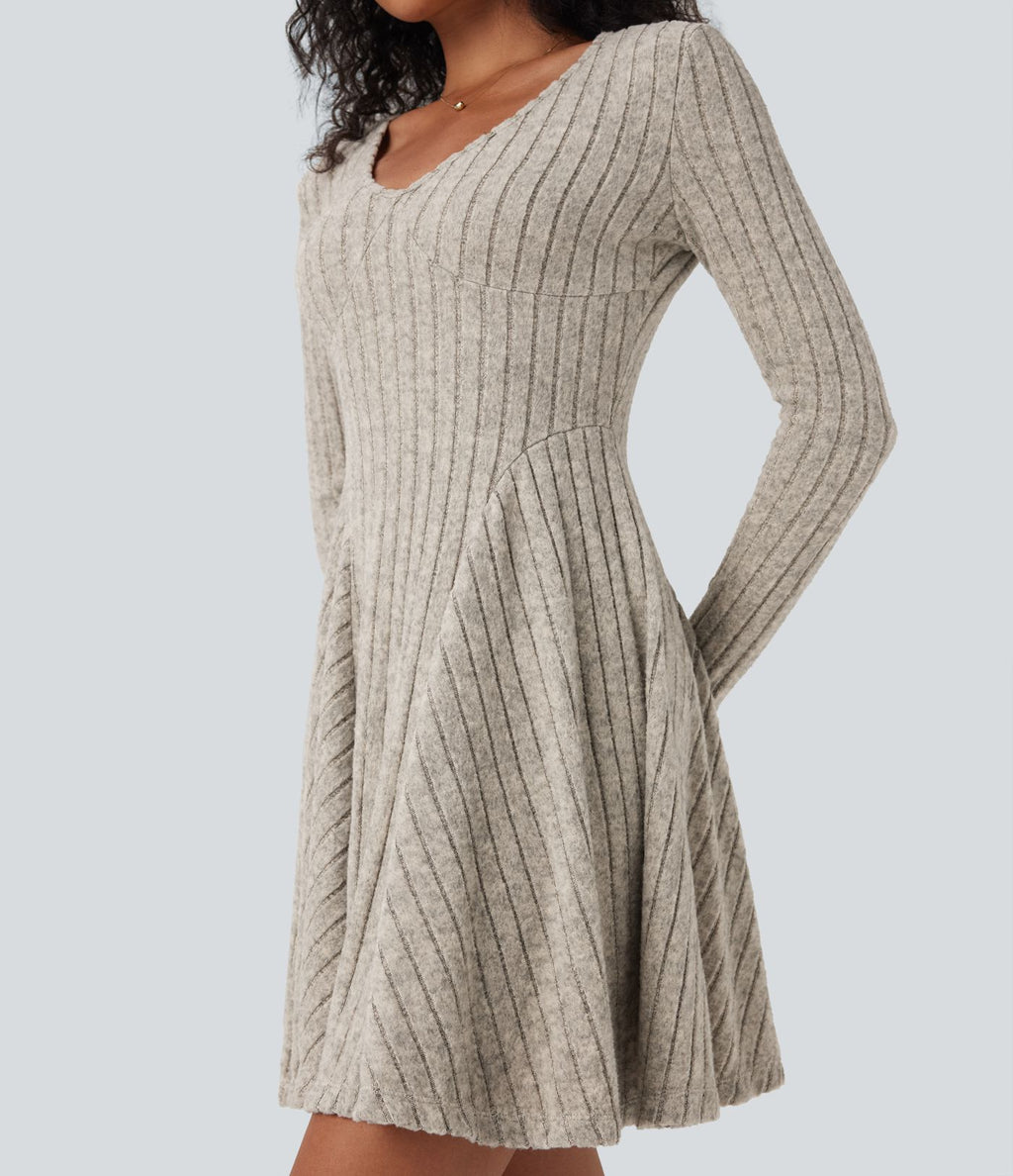 Robe décontractée mini évasée maille côtelée col V manches longues