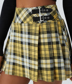 High Waisted de Decorative Buckle 2-in-1 Plaid Pleated Mini Casual Skirt