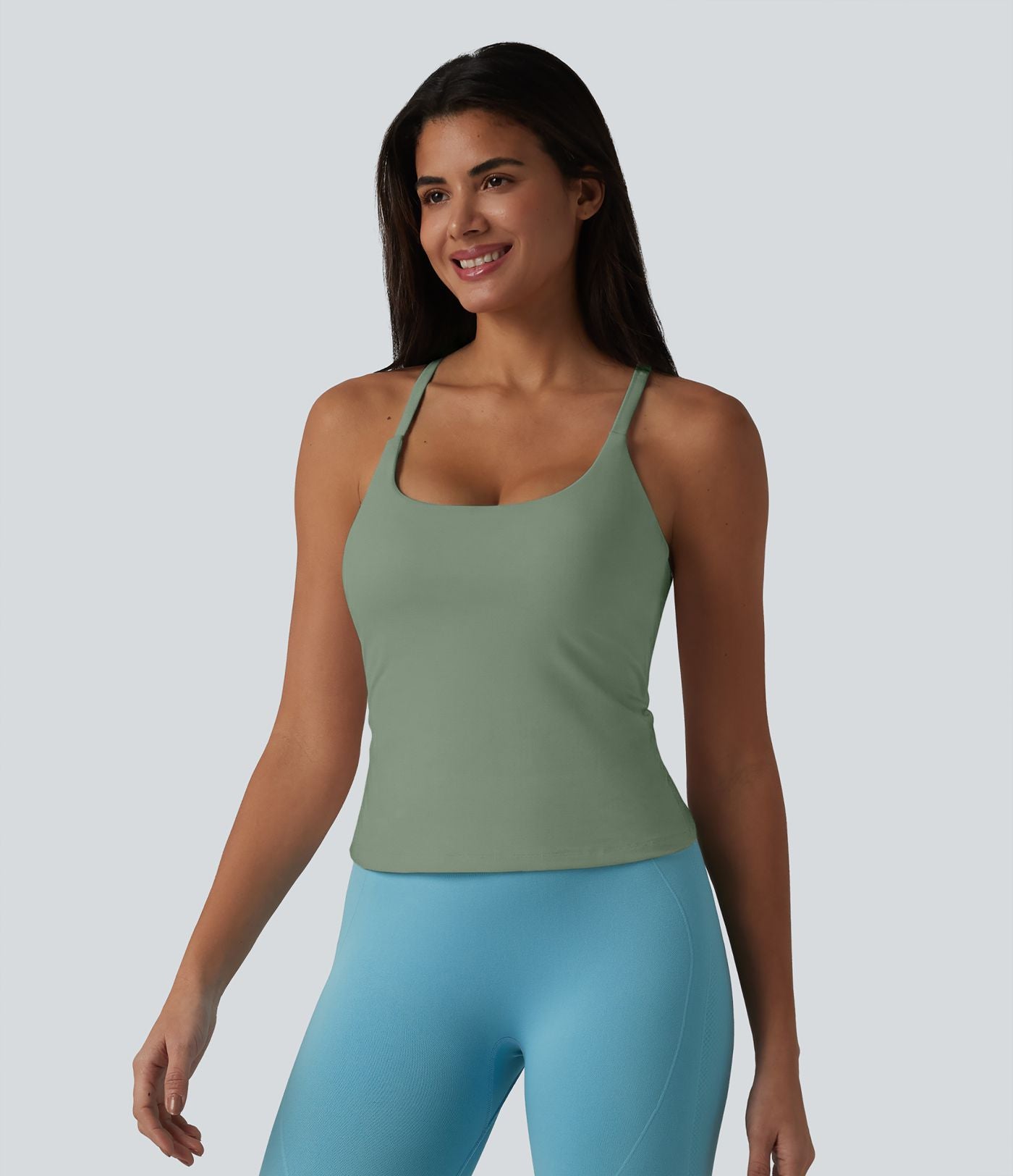 Caraco de yoga col rond échancré à dos croisé et ourlet croisé avec brassière intégrée — Bonnets E-G
