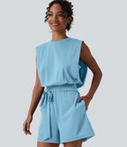 Combishort décontracté col rond sans manches effet frais InstantCool avec nœud frontal et poches, accès facile Easy Peasy, protection solaire UPF50+