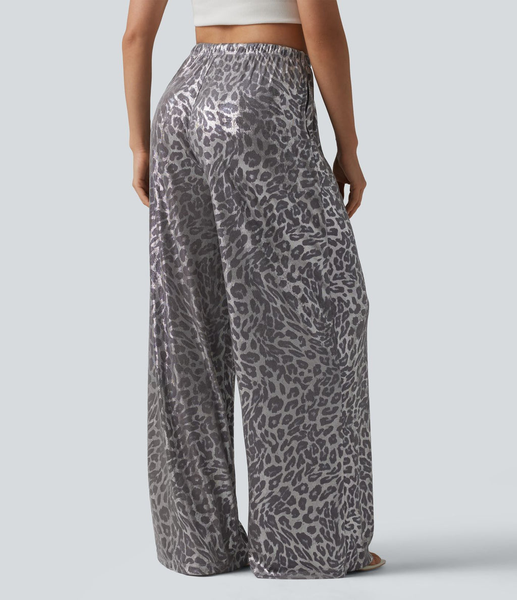 Pantalon leopard large décontracté taille mi-haute avec cordon de serrage et poches