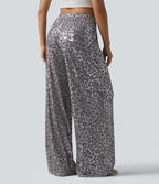 Pantalon leopard large décontracté taille mi-haute avec cordon de serrage et poches