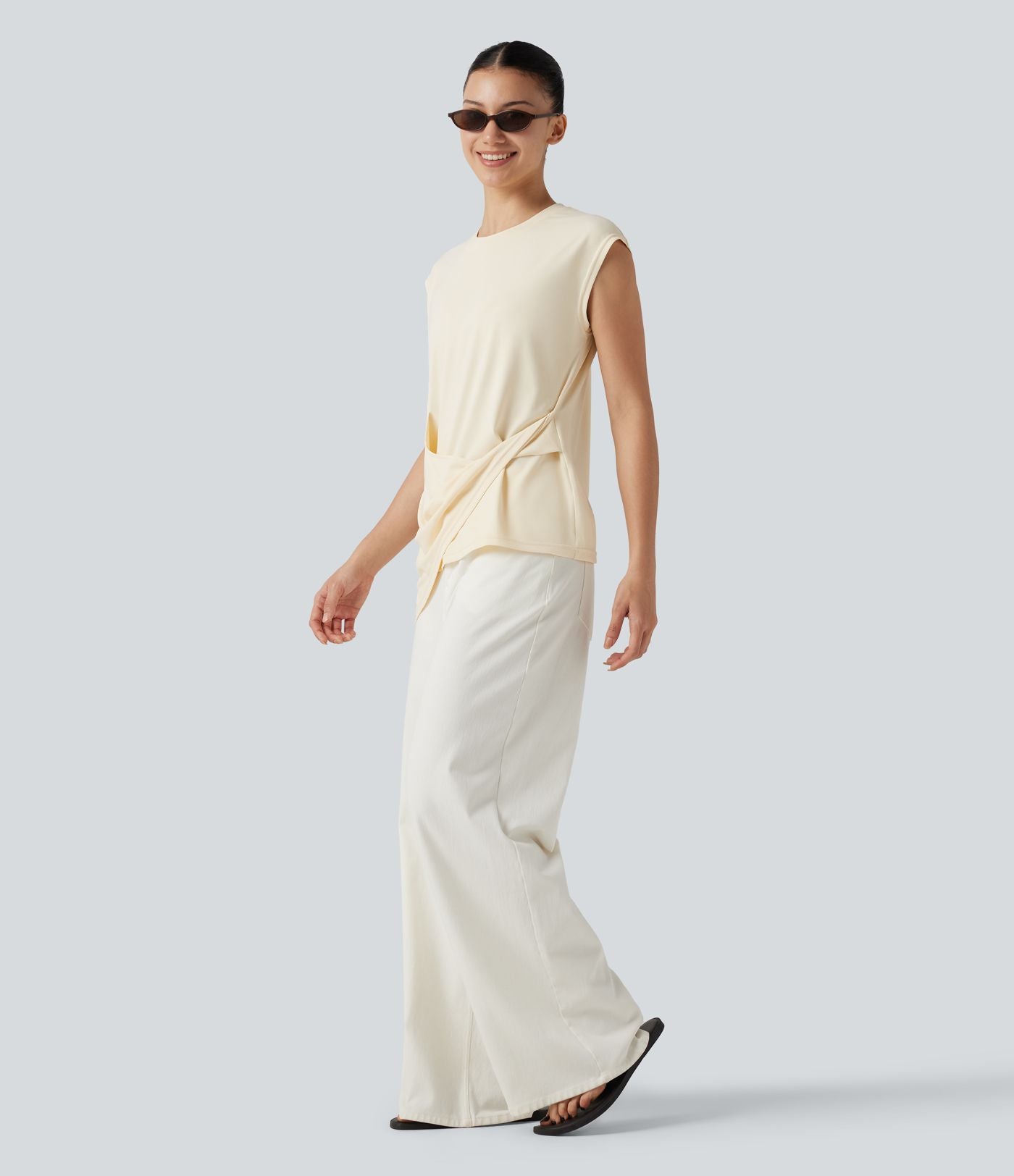 Top casual col rond manches courtes ourlet asymétrique torsadé