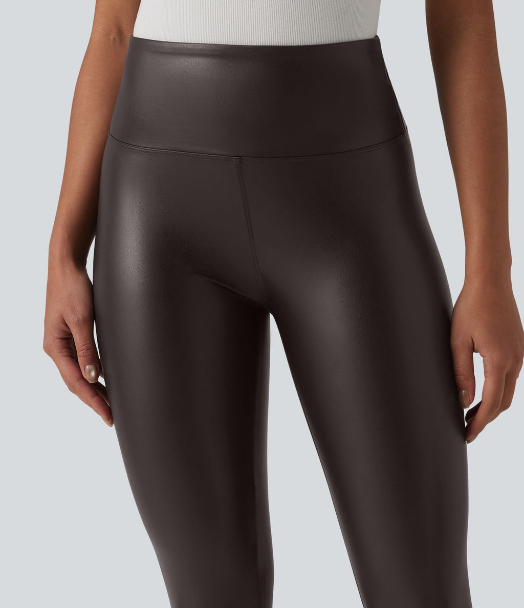 Legging casual 7/8 taille haute ventre plat en similicuir extensible, avec poches