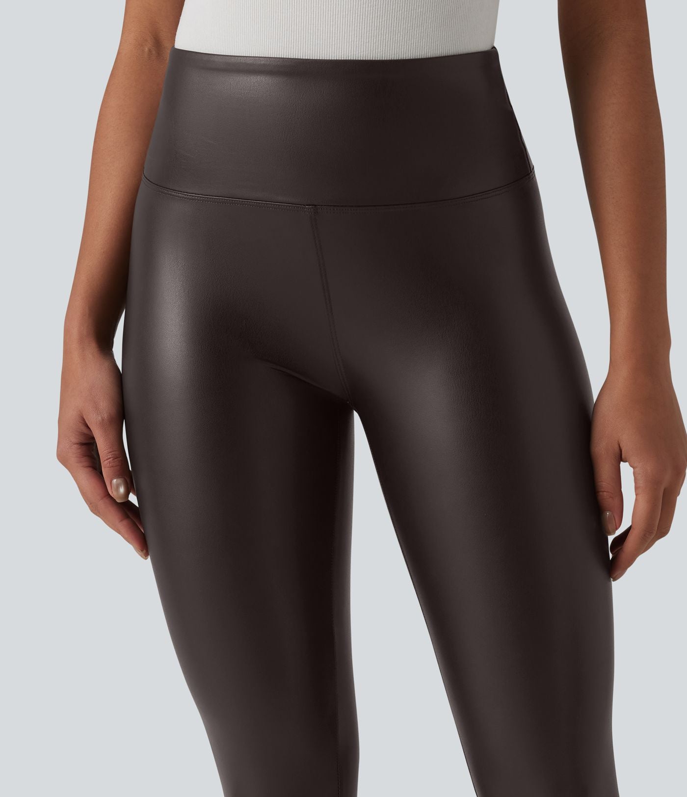 Legging casual 7/8 taille haute ventre plat en similicuir extensible, avec poches