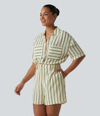 Combinaison-chemise décontractée rayée à manches courtes avec poches