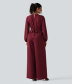 Combinaison pantalon de soirée large à décolleté en V, manches longues bouffantes, ceinture et poches