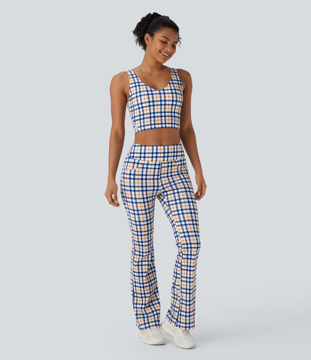 Pantalon décontracté bootcut à carreaux cool touch, taille haute, avec poches