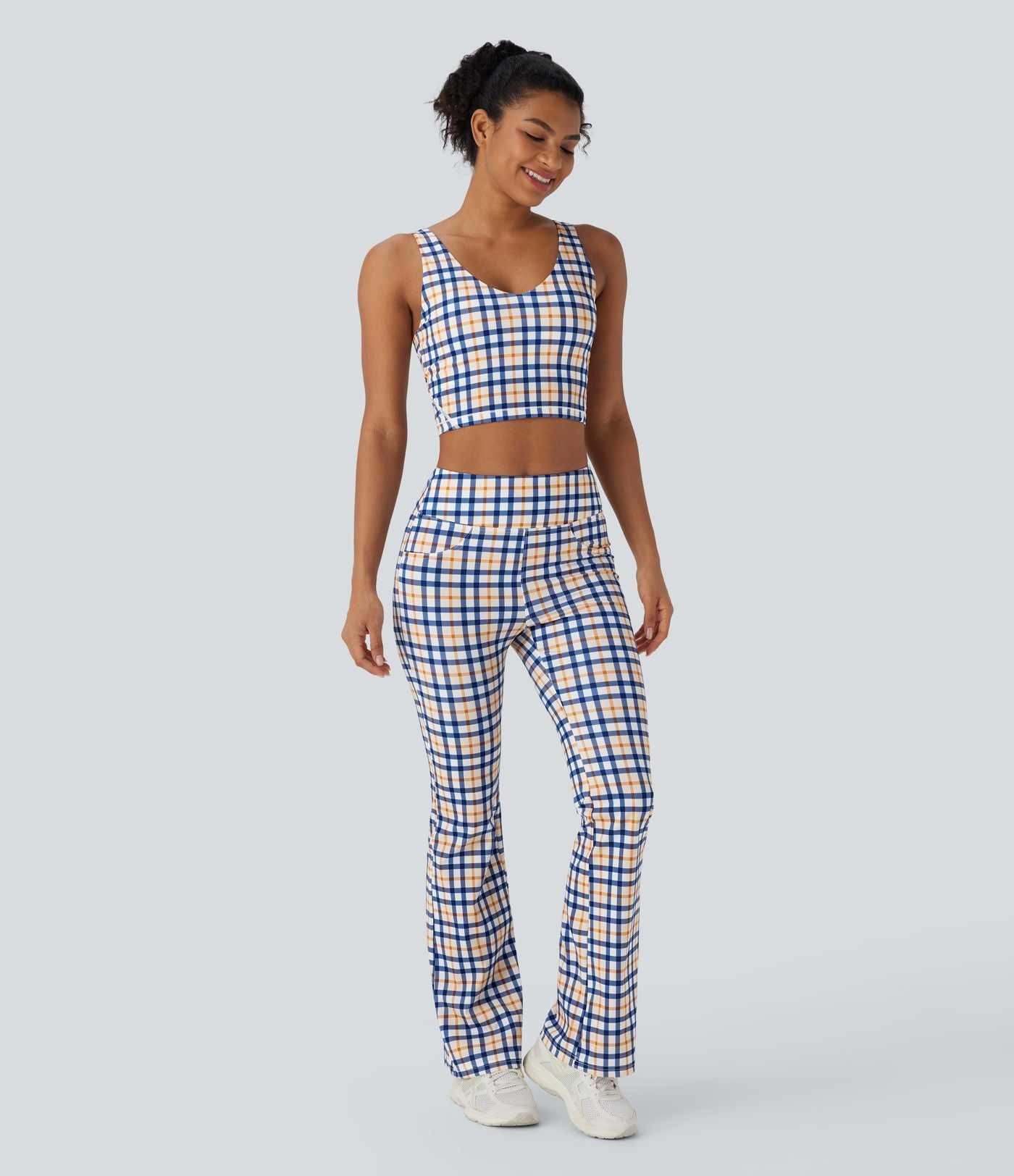 Pantalon décontracté bootcut à carreaux cool touch, taille haute, avec poches