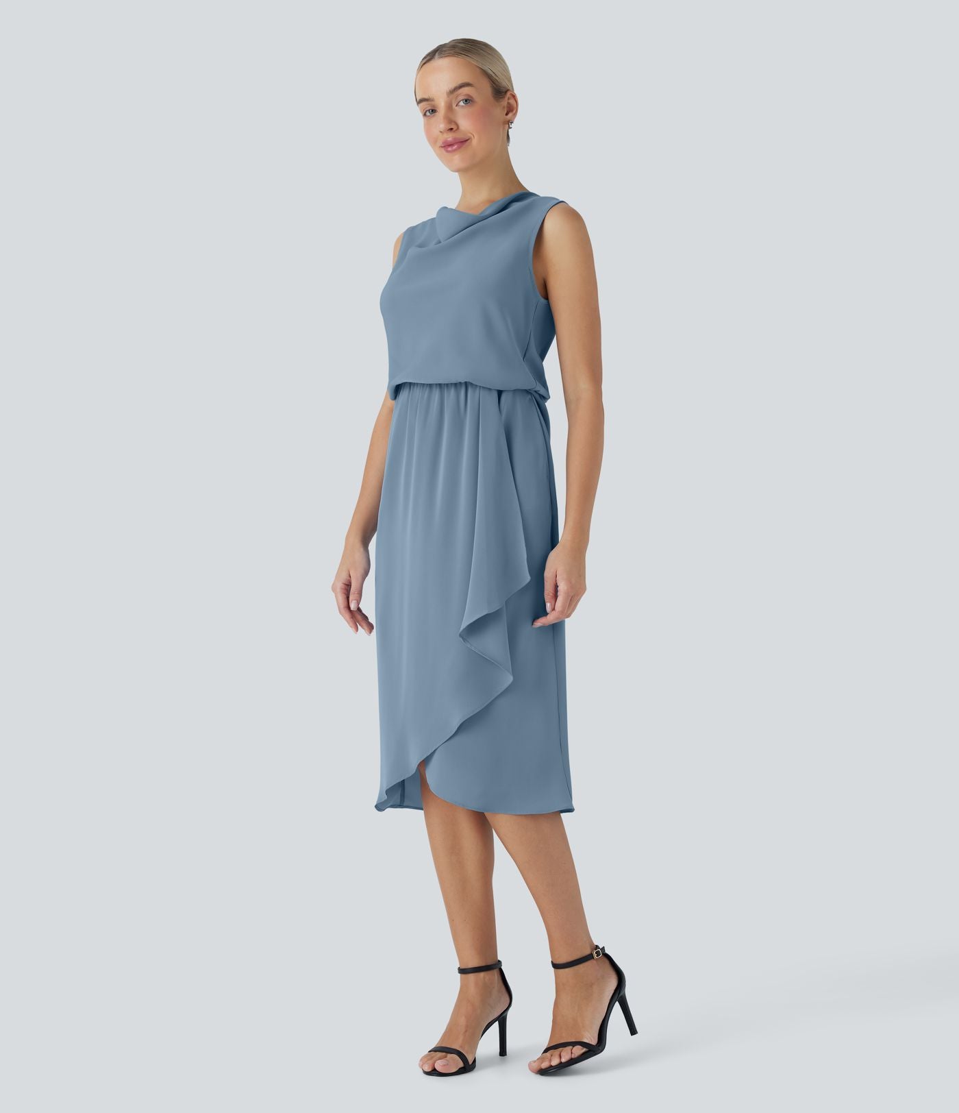 Robe midi de voyage défroissage facile, col bénitier, ourlet croisé et poches