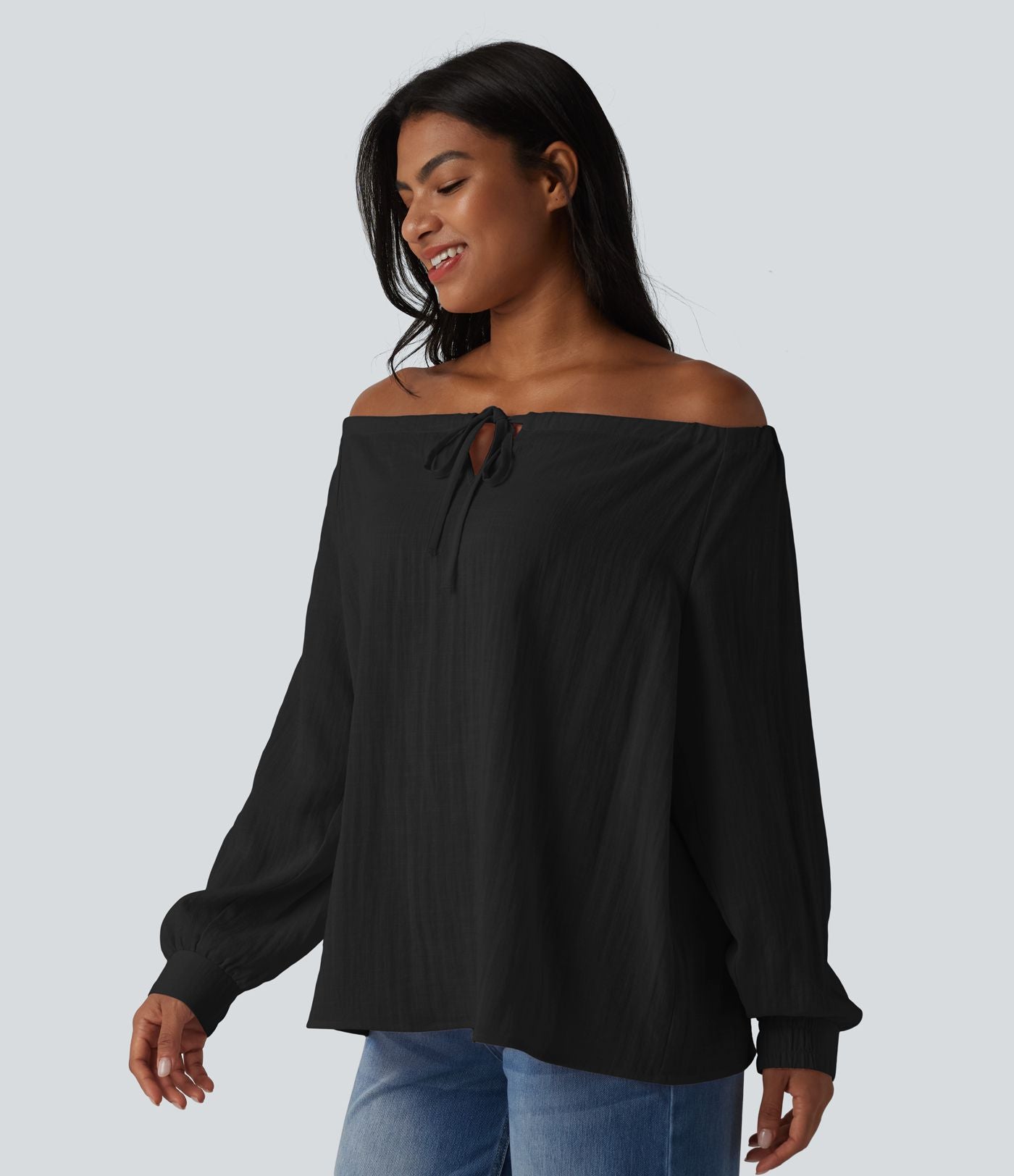 Blouse casual oversize aspect lin à épaules dénudées, lien noué et manches longues