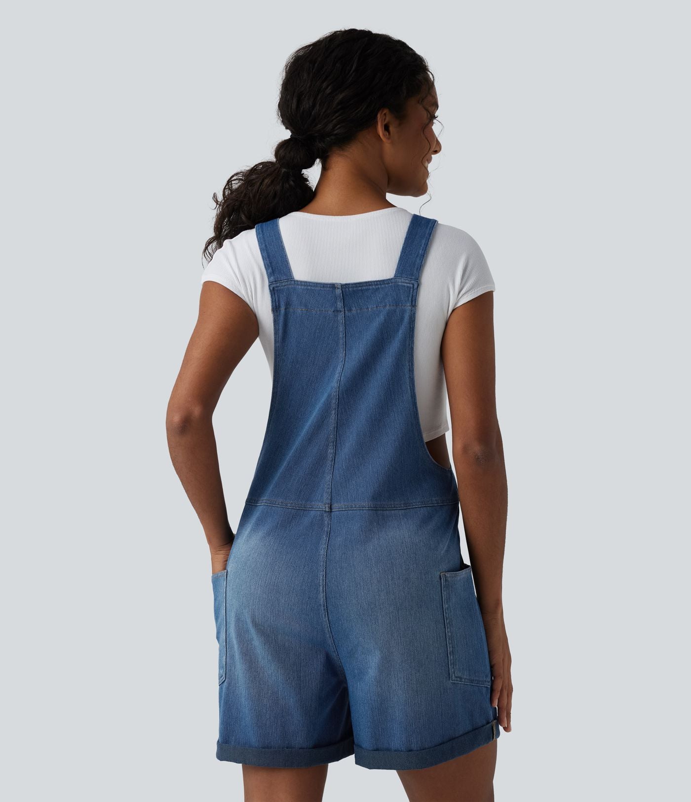 Salopette en jean Halara Flex™ col V délavée décontractée à ourlet roulotté avec poches