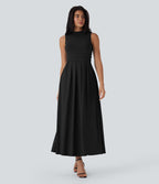 Robe longue décontractée sans manches à col montant, coupe évasée et poches latérales