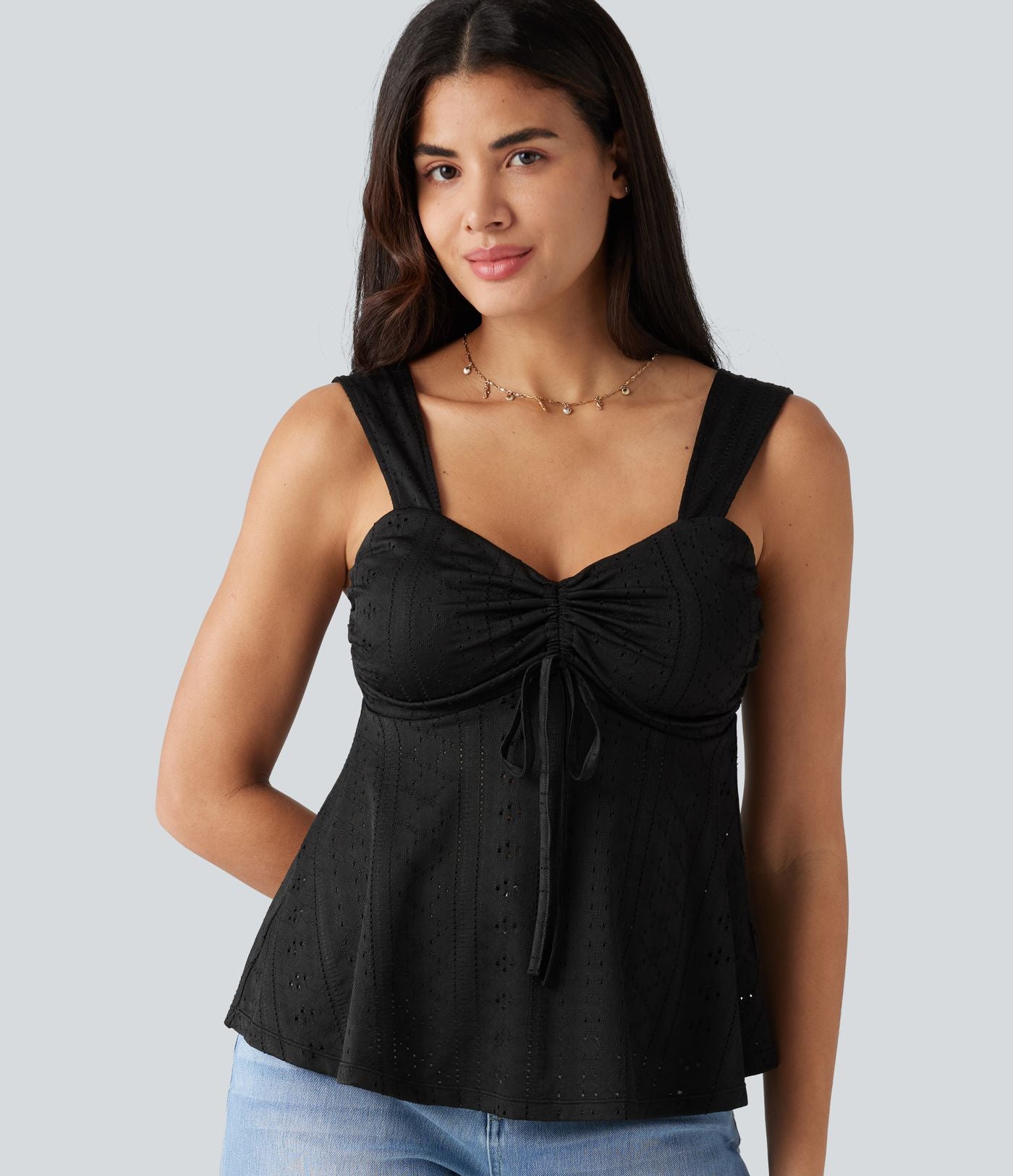 Débardeur décontracté froncé avec cordon de serrage, broderie anglaise et soutien-gorge intégré