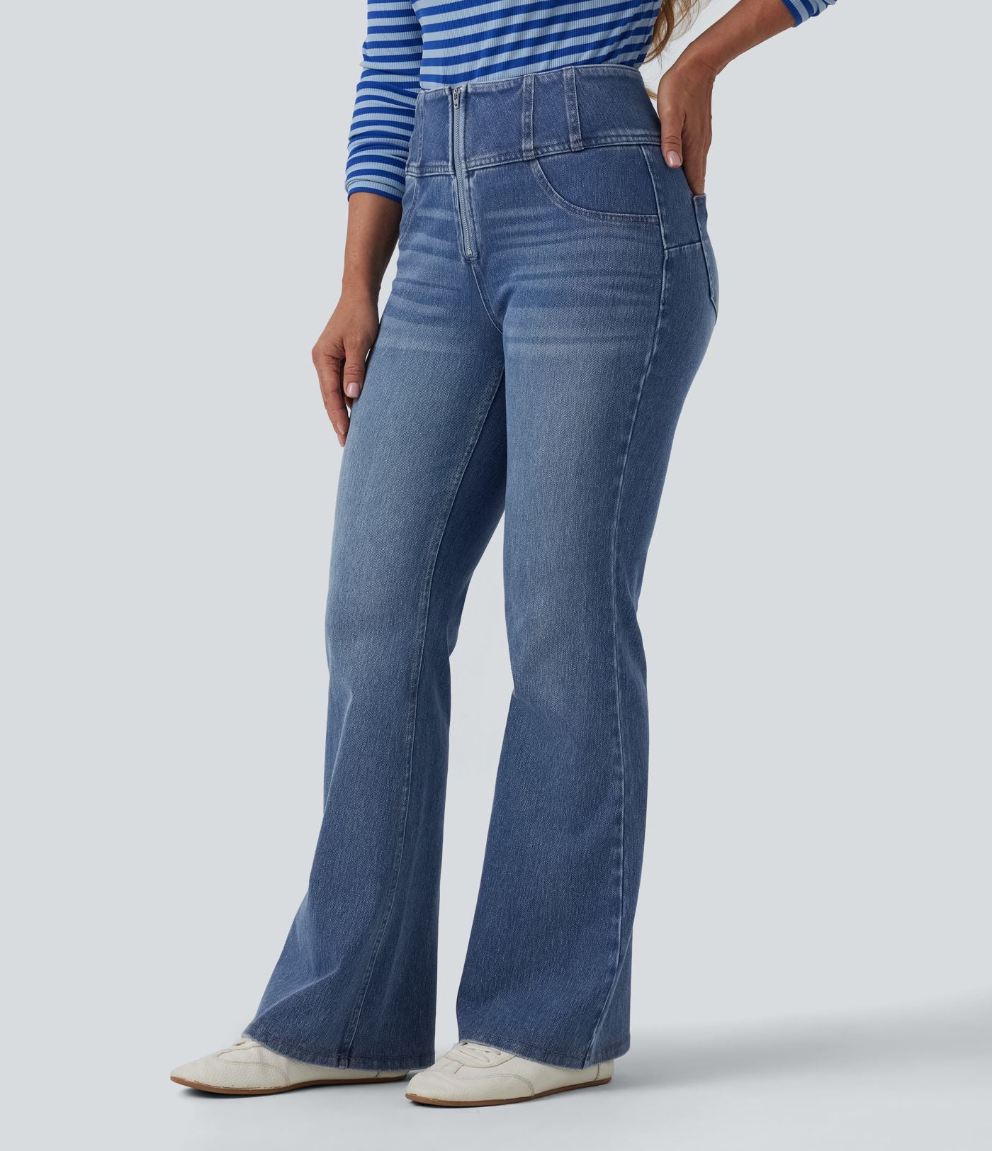 Jean évasé décontracté Halara Flex™ gainant taille mi-haute demi-zip avec poches