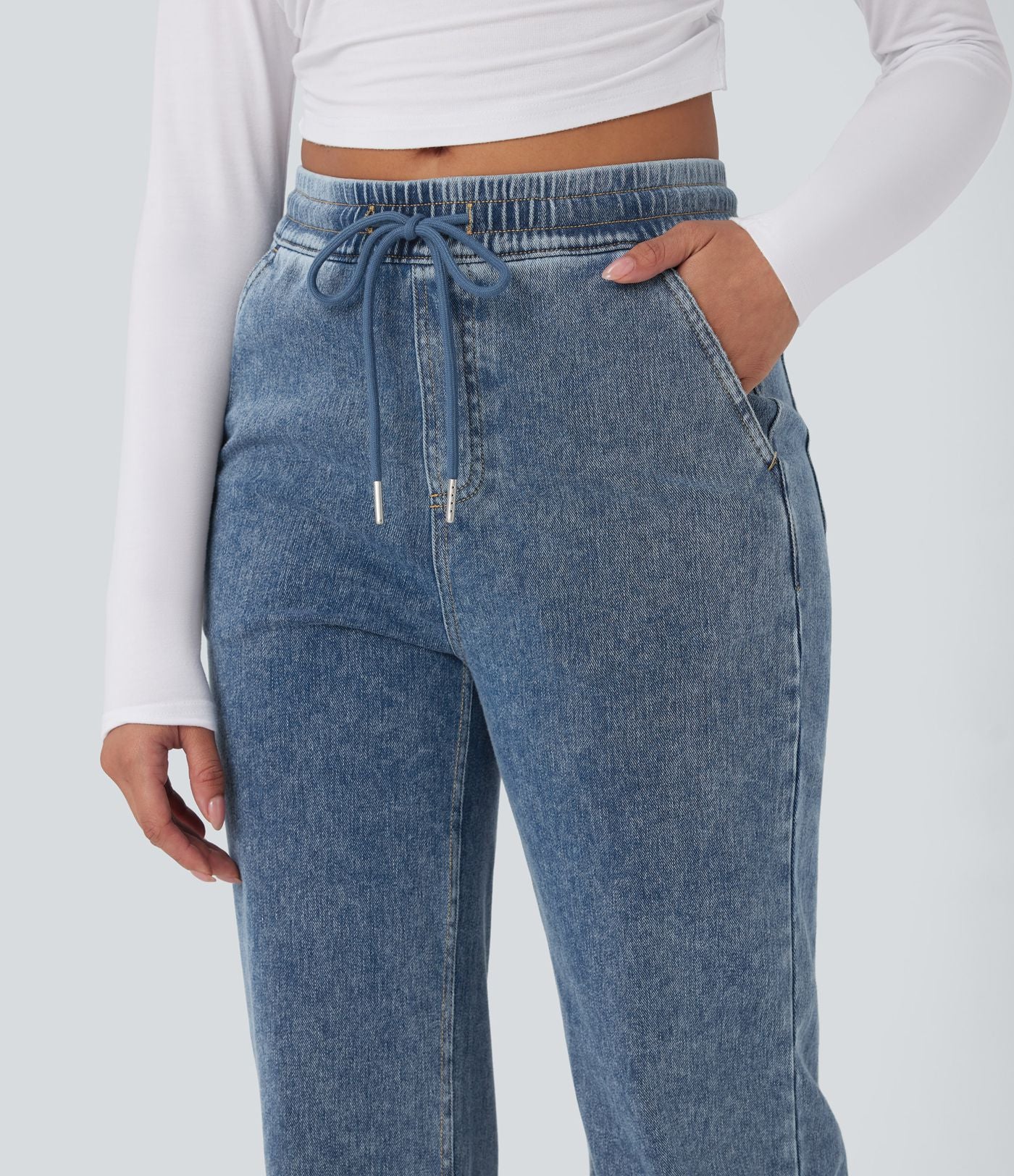 Pantalon décontracté droit taille mi-haute avec cordon et poches