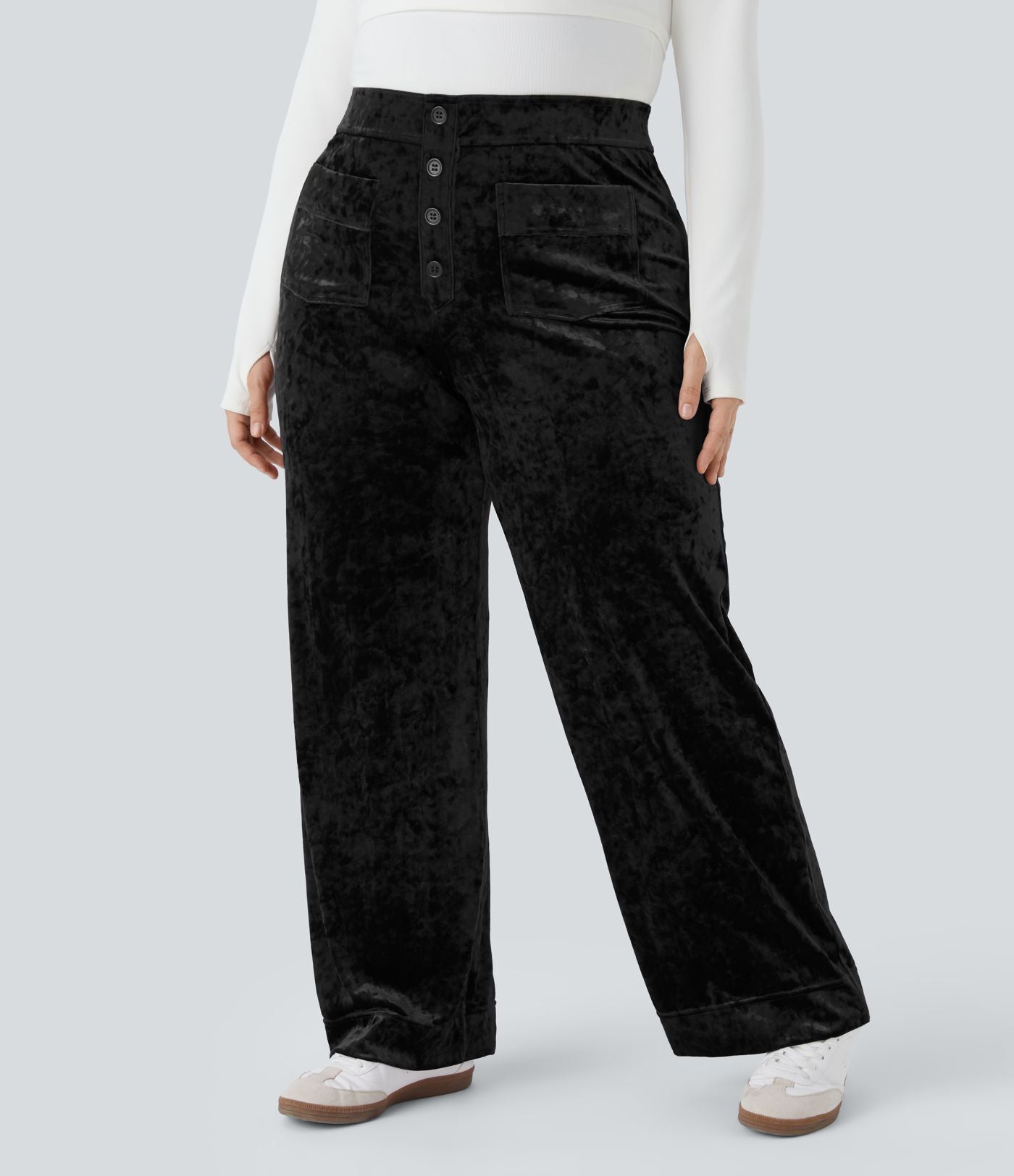Pantalon décontracté grande taille en velours taille haute à boutons avec poches multiples et jambes droites