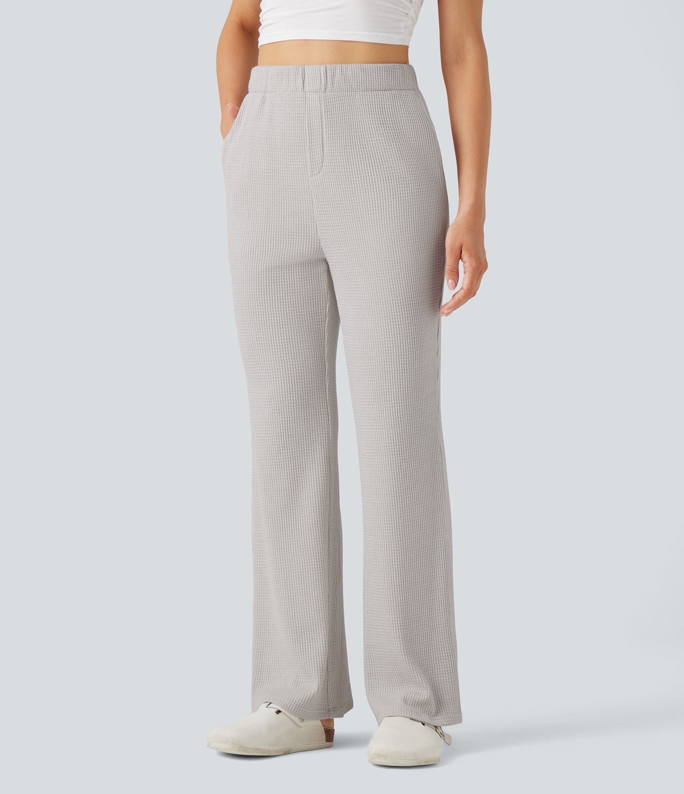 Pantalon décontracté évasé maille gaufrée taille haute avec poches
