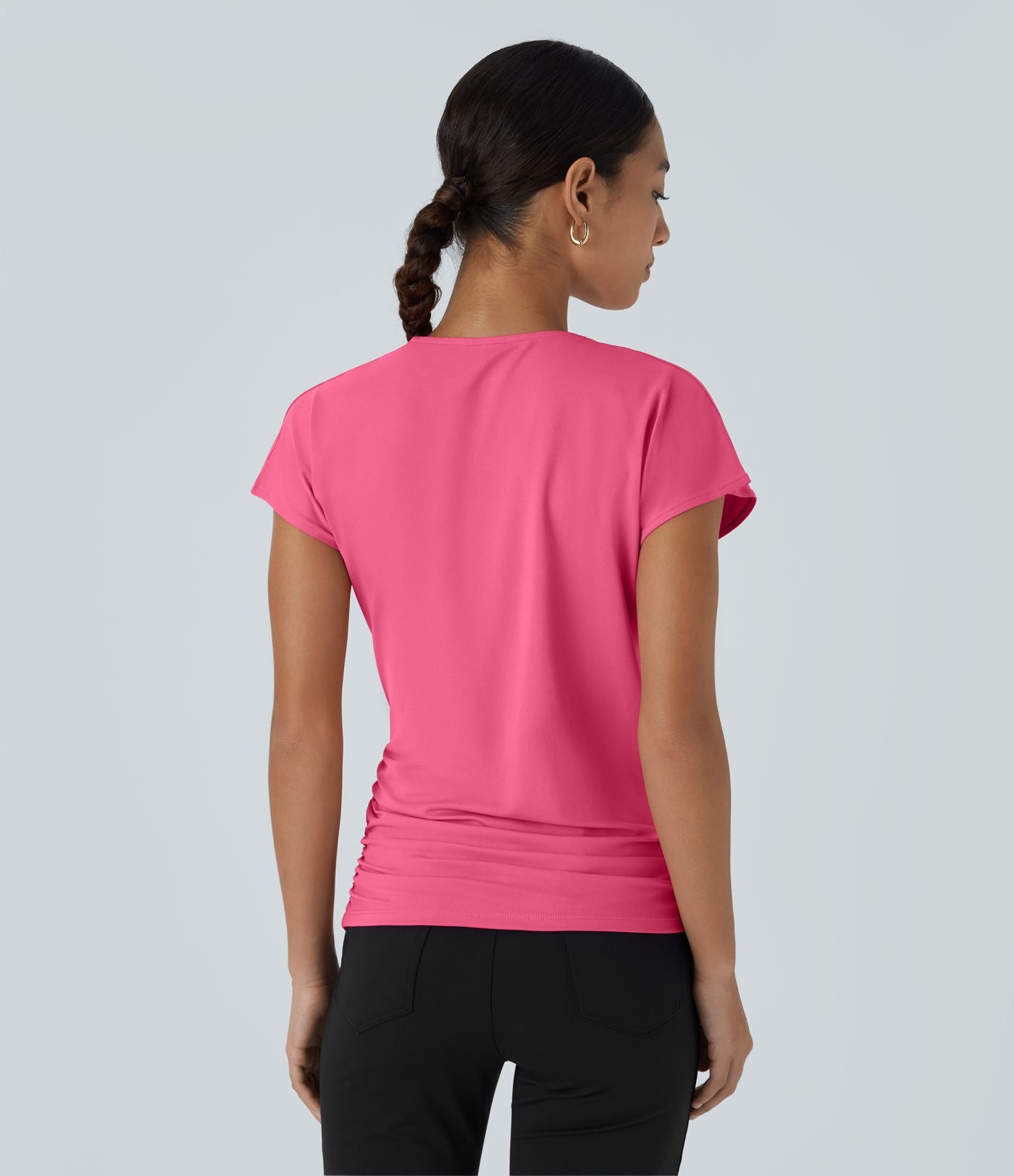 Blouse Travail Unie Froncée Croisée Manches Courtes Col en V