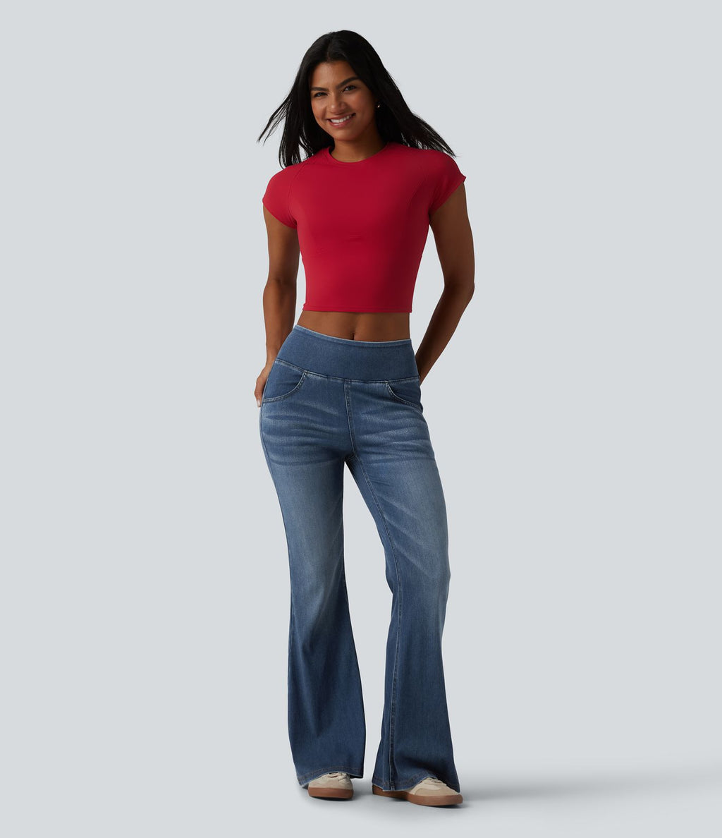 Halara Flex™ Jean évasé décontracté taille mi-haute en lyocell délavé avec poches