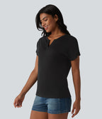 T-shirt casual col V semi-transparent en lyocell manches courtes