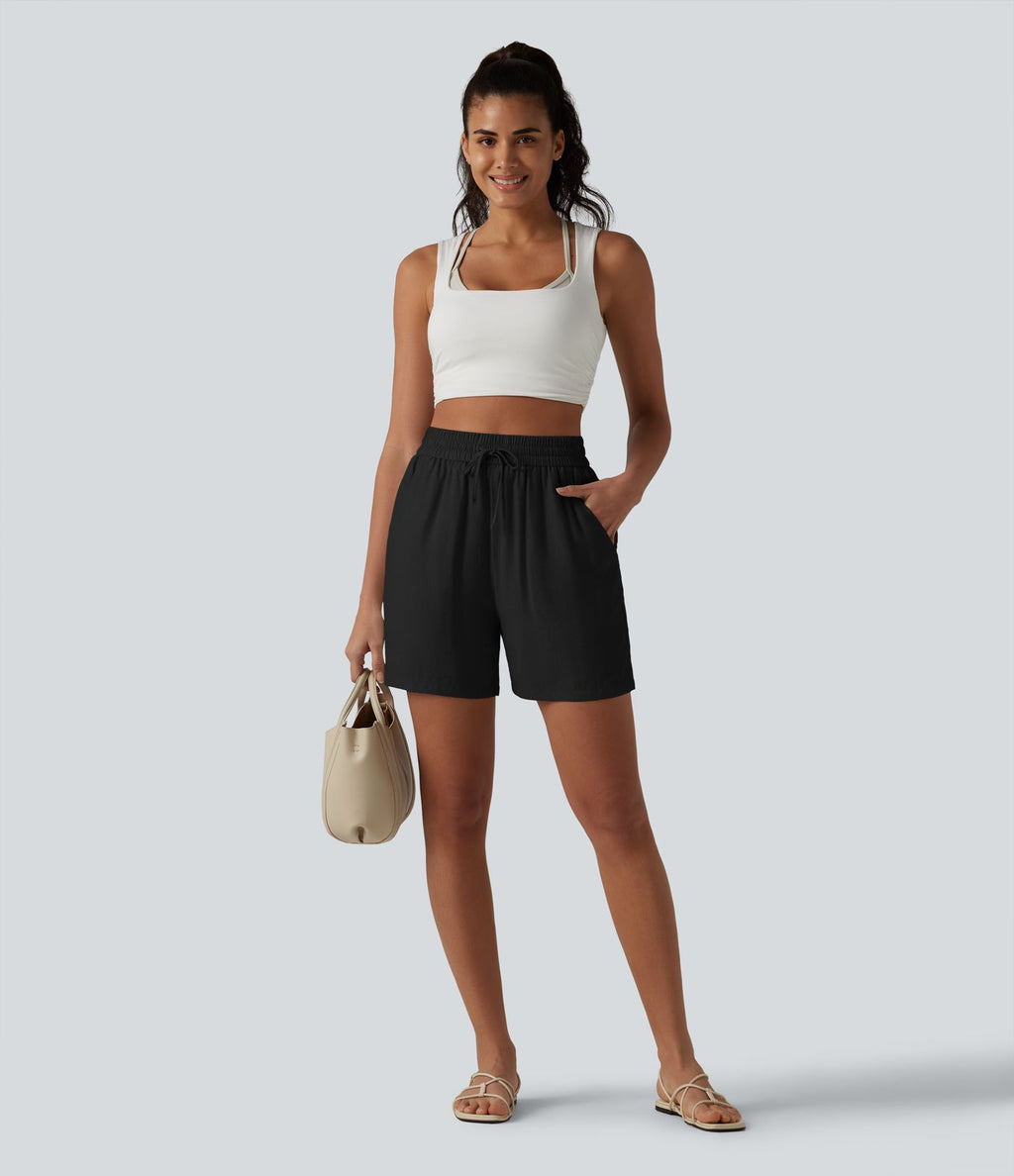 Short décontracté ample en lin mélangé taille haute avec cordon de serrage, 12,5 cm, et poches