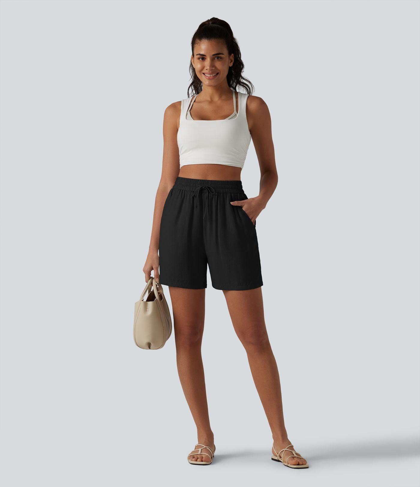 Short décontracté ample en lin mélangé taille haute avec cordon de serrage, 12,5 cm, et poches