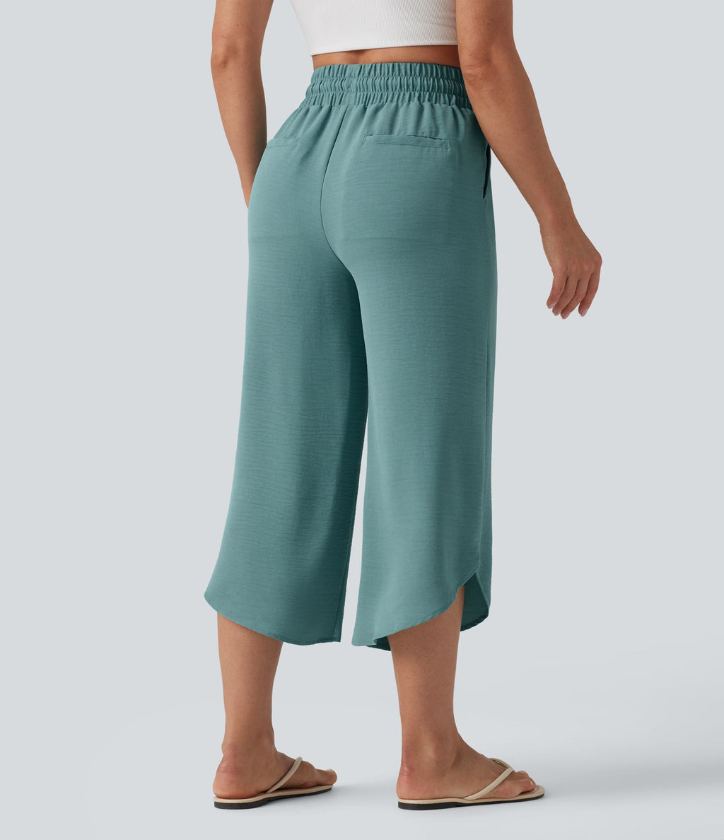 Pantalon casual 7/8 taille haute aspect lin à cordon de serrage et ourlet arrondi avec poches