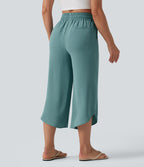 Pantalon casual 7/8 taille haute aspect lin à cordon de serrage et ourlet arrondi avec poches