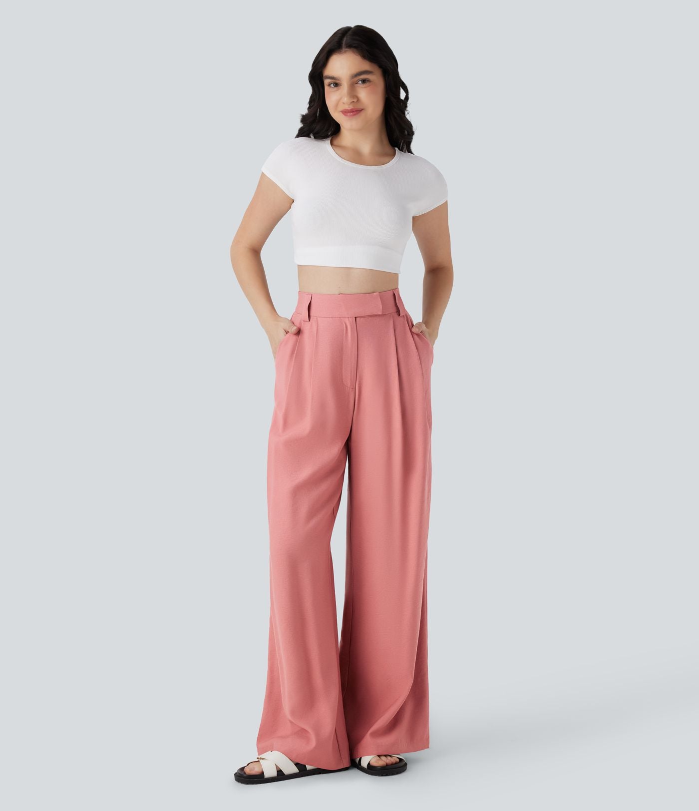 Pantalon large fluide effet lin taille moyenne avec poches