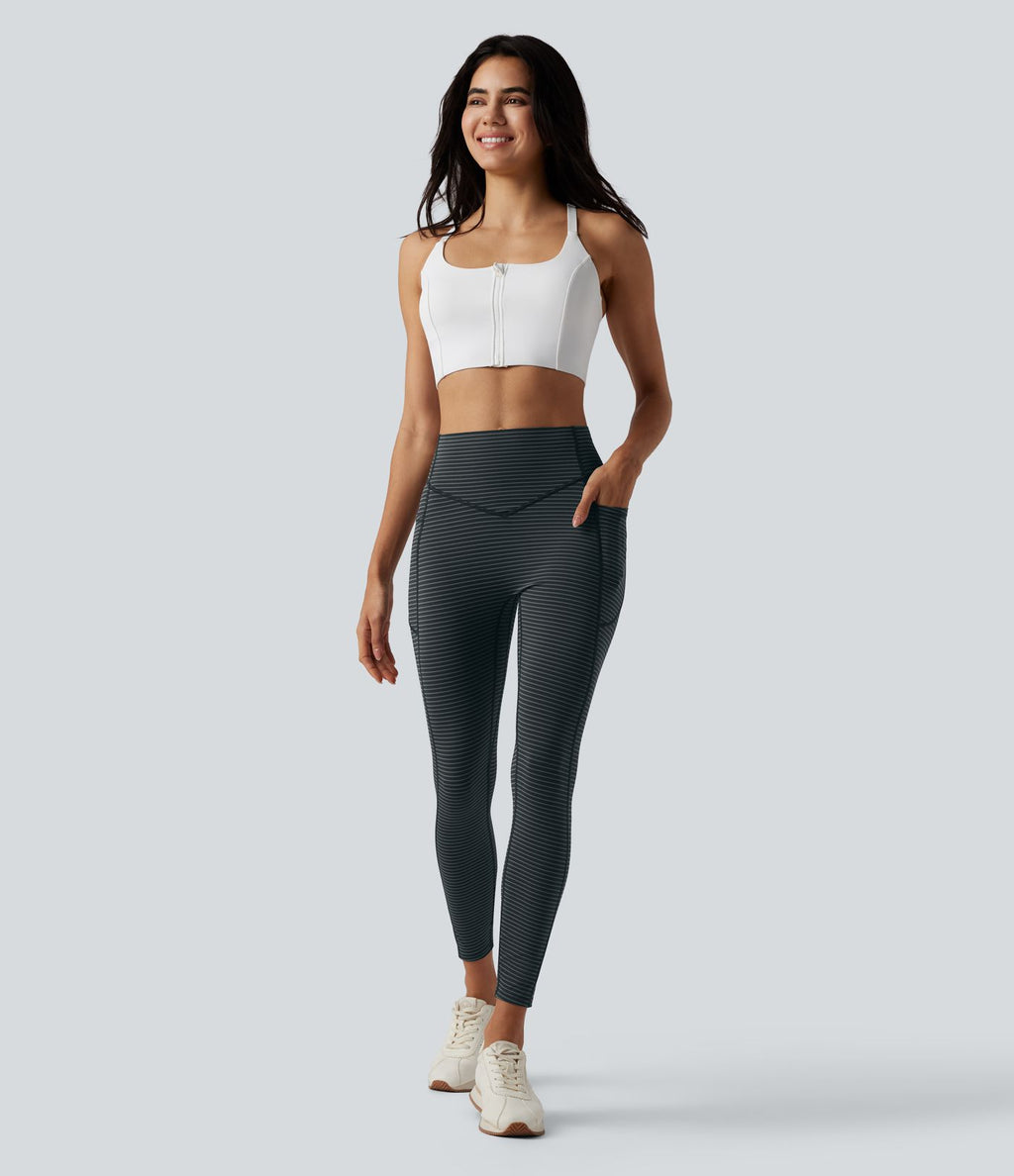 Legging de yoga 7/8 taille haute gainant à rayures et fronces avec poches