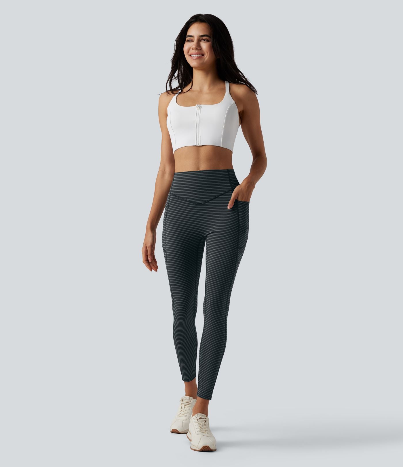 Legging de yoga 7/8 taille haute gainant à rayures et fronces avec poches