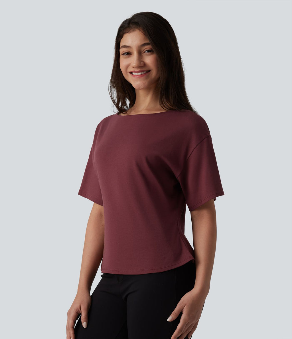T-shirt tailleur col bateau manches courtes en coton