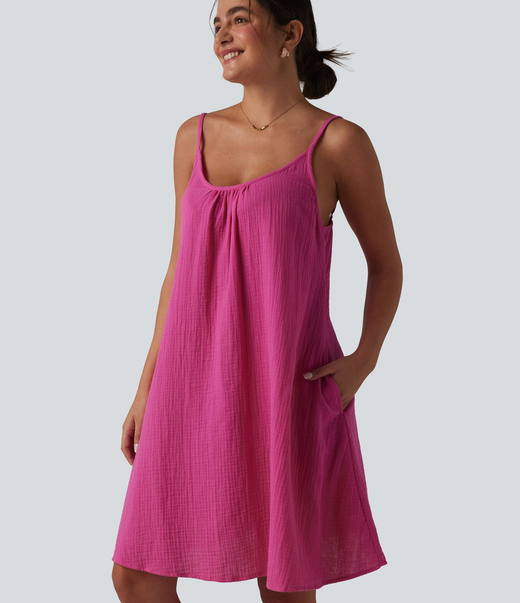 Robe nuisette mini fluide casual en coton bretelles réglables avec poches
