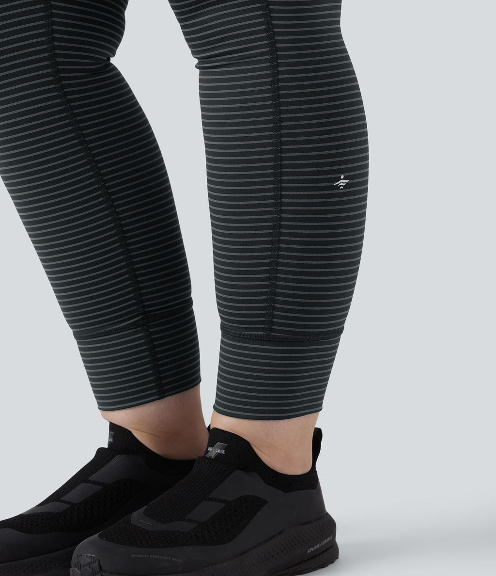 Legging yoga grande taille taille haute avec cordon de serrage à rayures avec poches