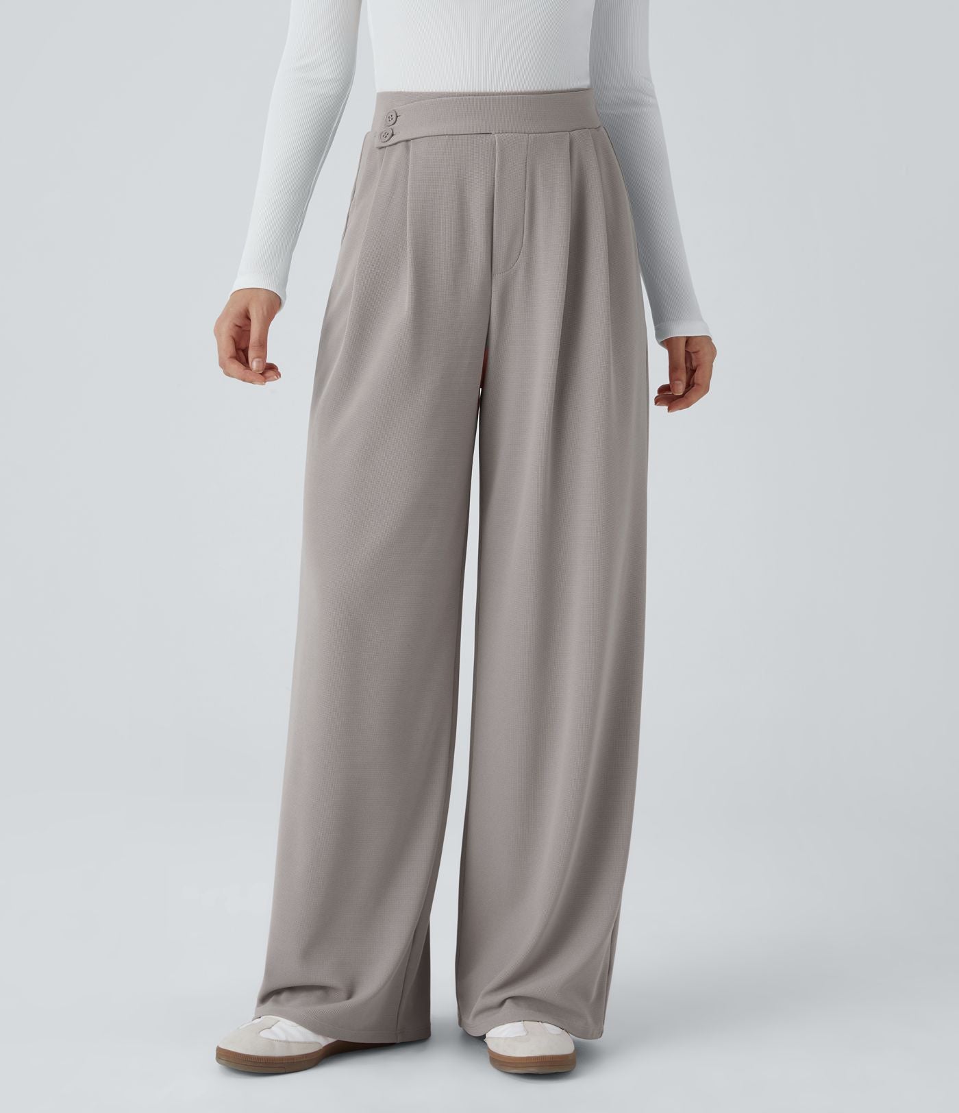 Pantalon taille haute décontracté large en maille gaufrée, avec poches