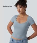 T-shirt casual en maille côtelée à manches courtes, col Queen Anne et soutien-gorge intégré