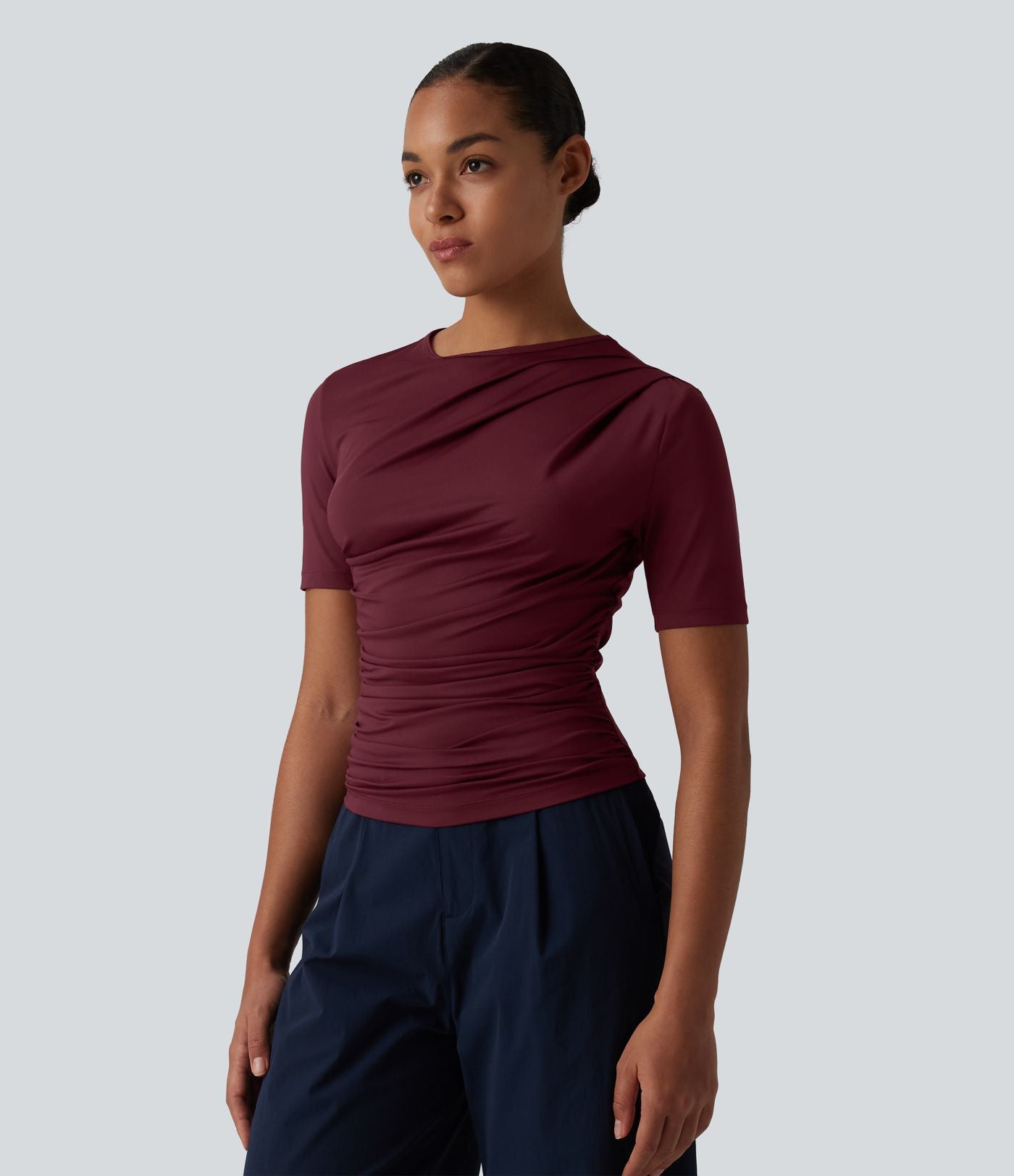 T-shirt décontracté asymétrique manches courtes froncé