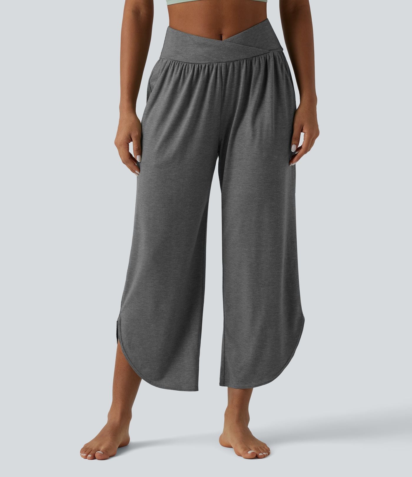 Pantalon décontracté taille haute croisé à ourlet courbe avec poches