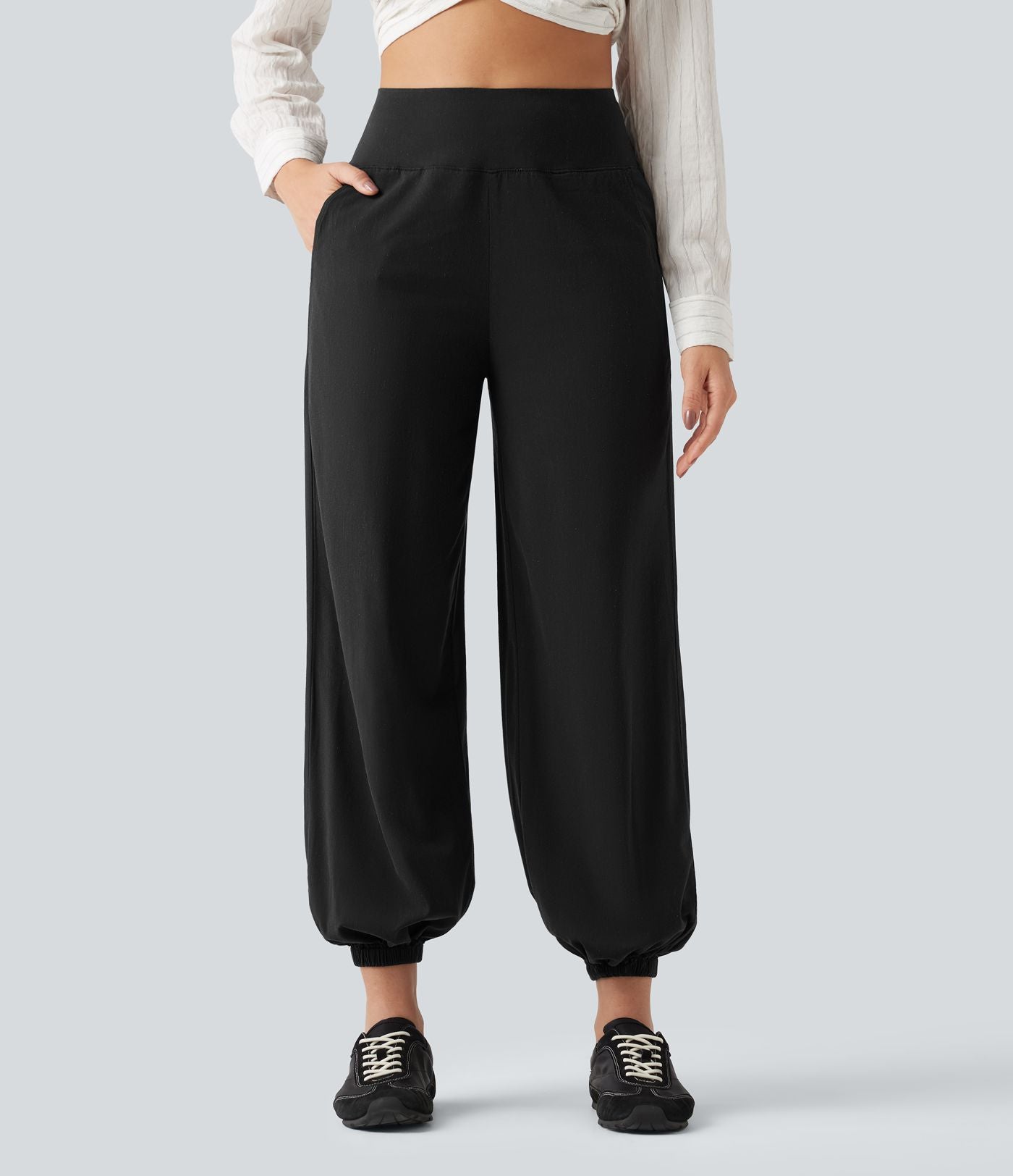 Pantalon de jogging taille haute en lin stretch avec poches