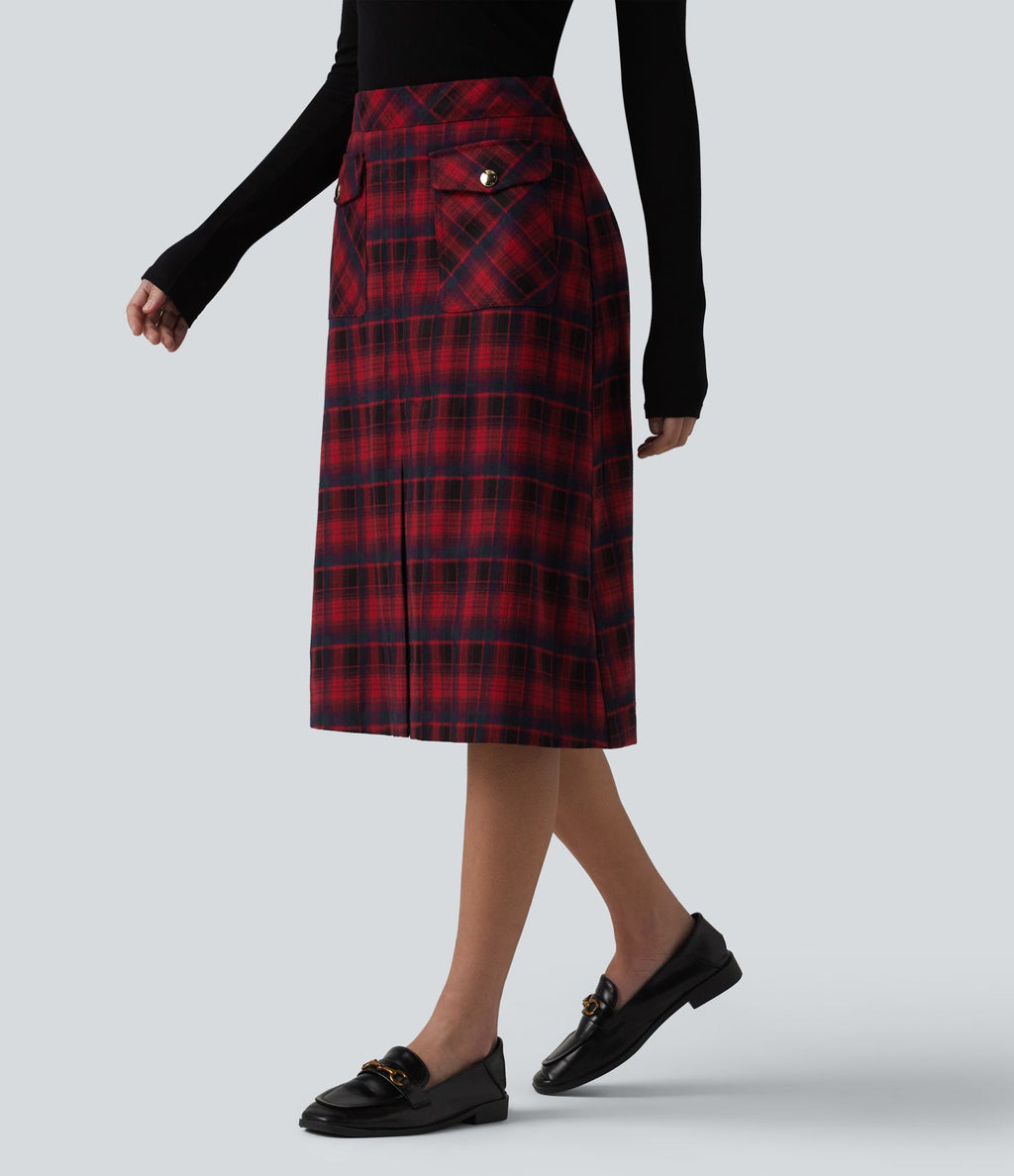Jupe midi tailleur trapèze taille mi-haute à carreaux tartan, avec poches