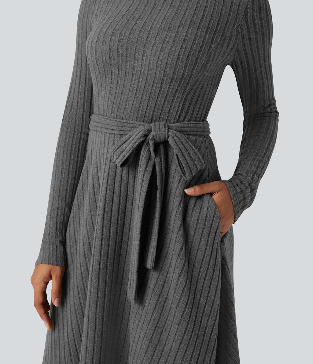 Robe côtelée ceinturée col rond manches longues avec poches
