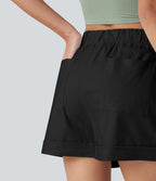 Short ample décontracté taille haute en coton et lin, cordon de serrage, ourlet retroussé et poches