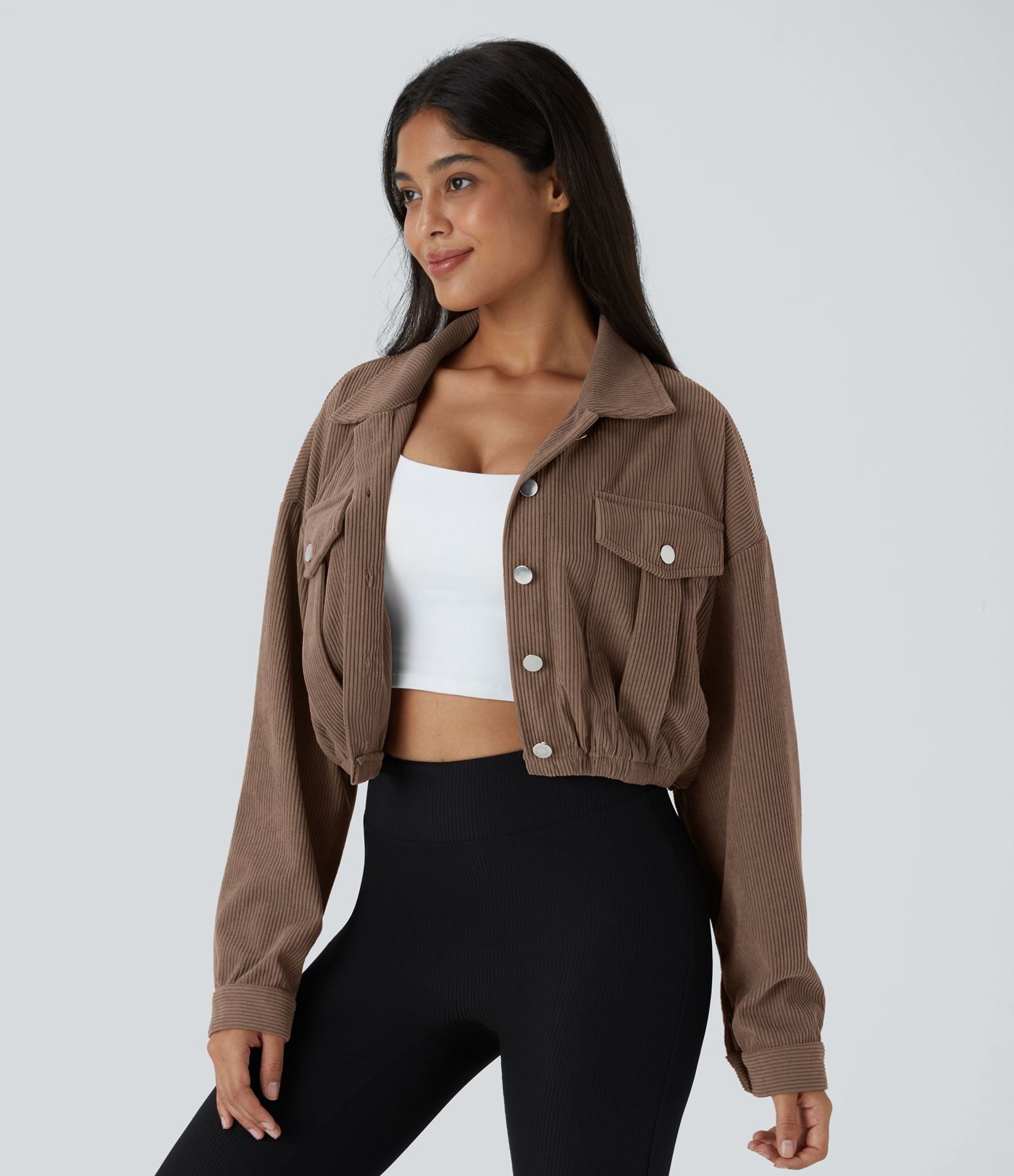 Veste Casual en Velours Côtelé à Boutons Poches Col Court