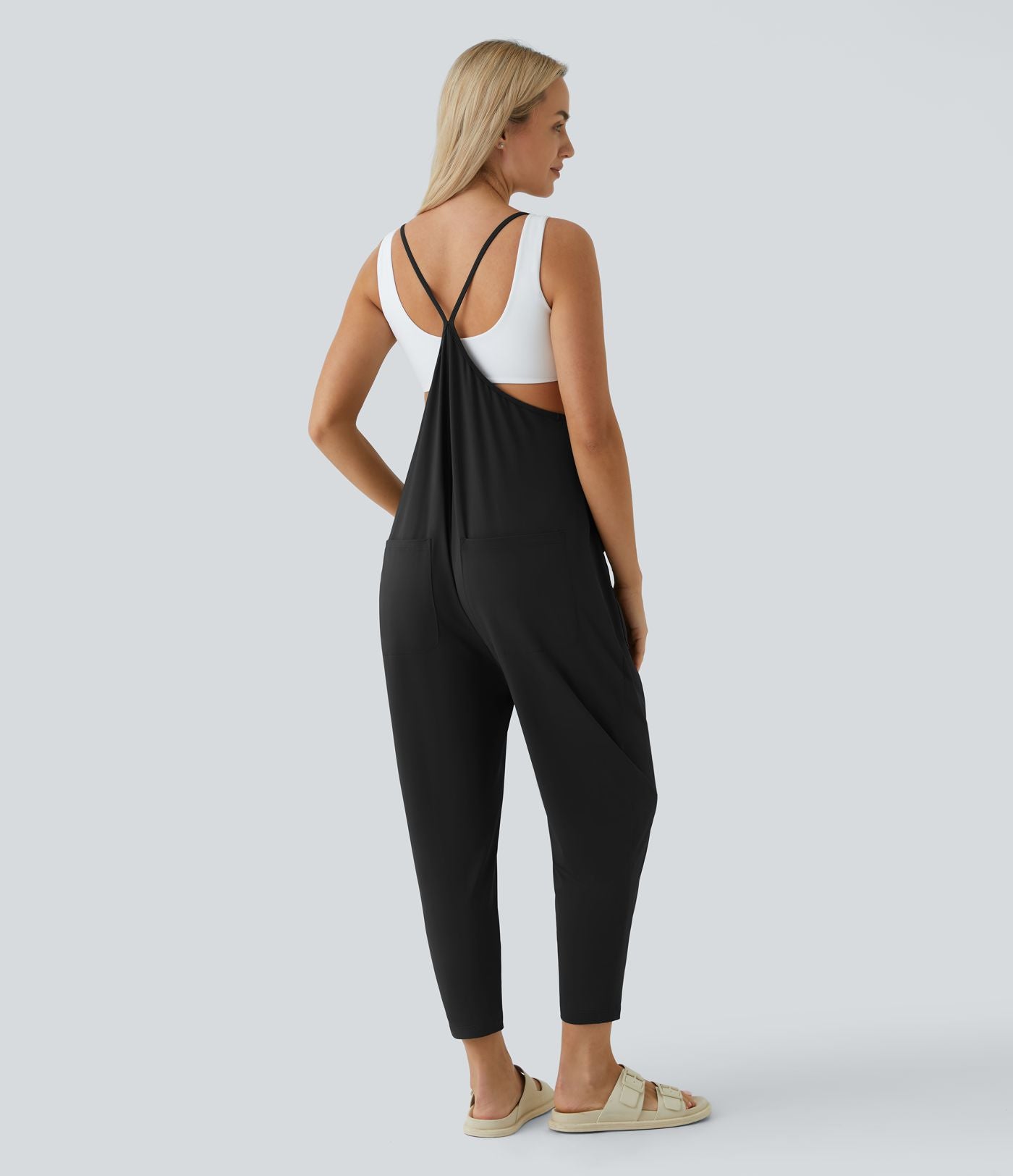 Combinaison Casual à Jambes Fuselées Chevilles Lâche Dos Nu Poches Multiples