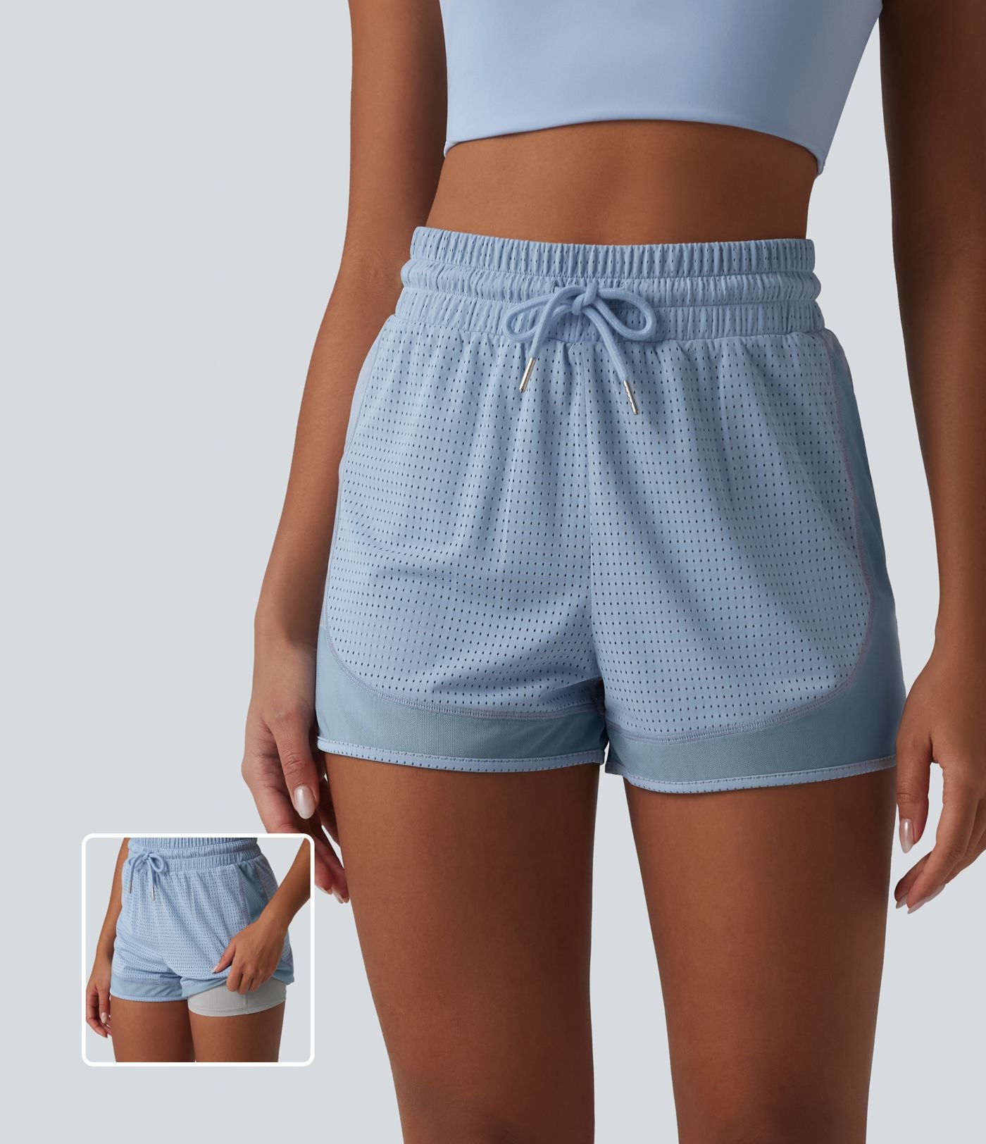 Short de sport 2 en 1 taille haute, cordon de serrage et œillets, en maille respirante