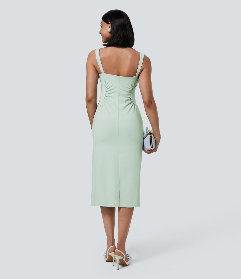 Softlyzero™ Airy Robe Demoiselle d'Honneur Invitée de Mariage Col Carré Plissée et Fendue Toucher Frais Grande Taille